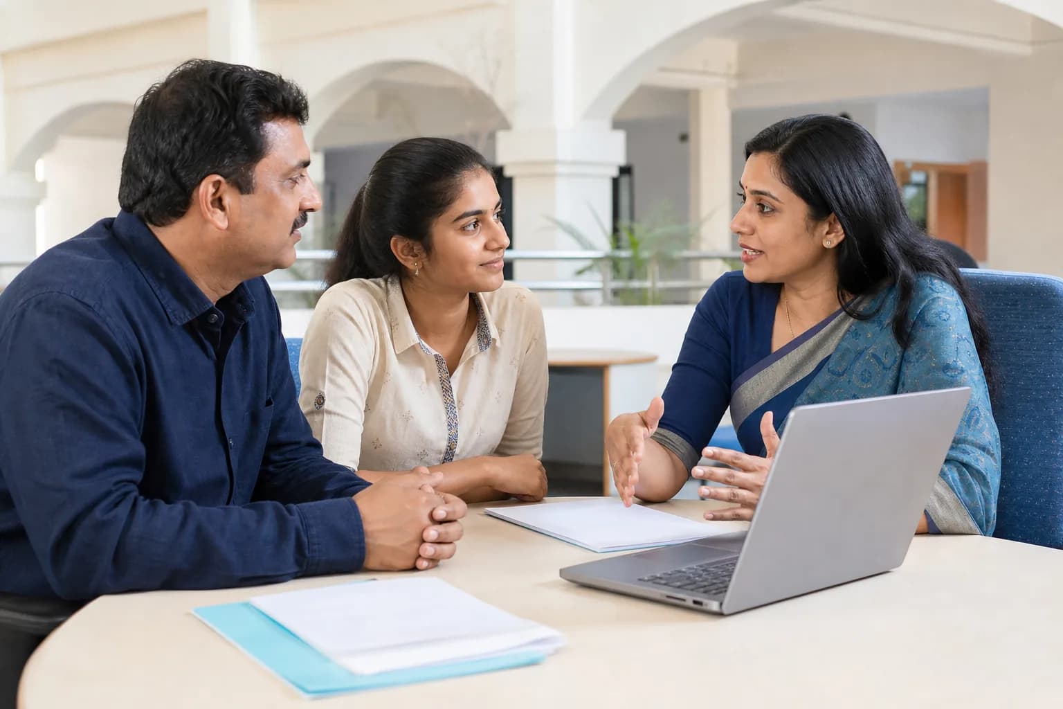 A prospective student and parent discussing study options with an admissions advisor