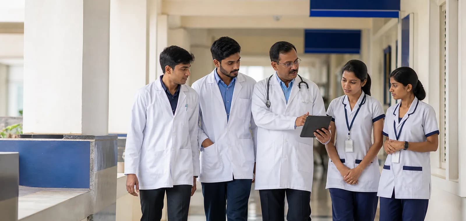 Medical and nursing students discussing a tablet with a clinician in a teaching-hospital corridor