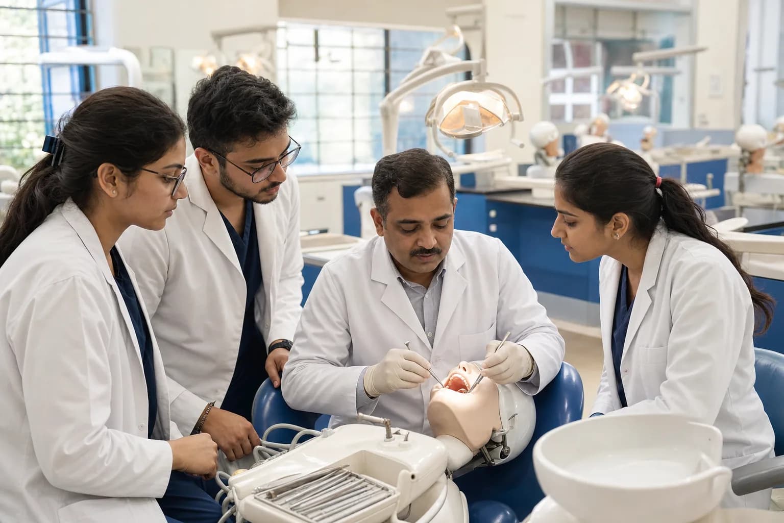 Dental students observing a faculty demonstration in a simulation laboratory