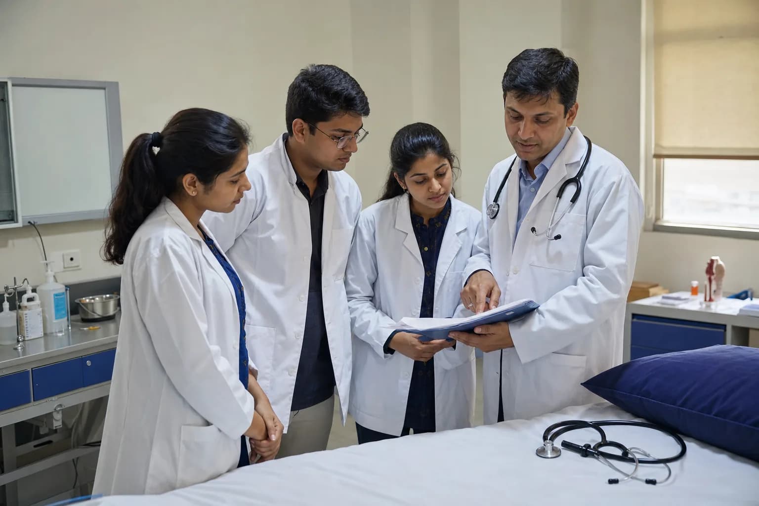 Medical students and a faculty physician reviewing a clinical case in a teaching room