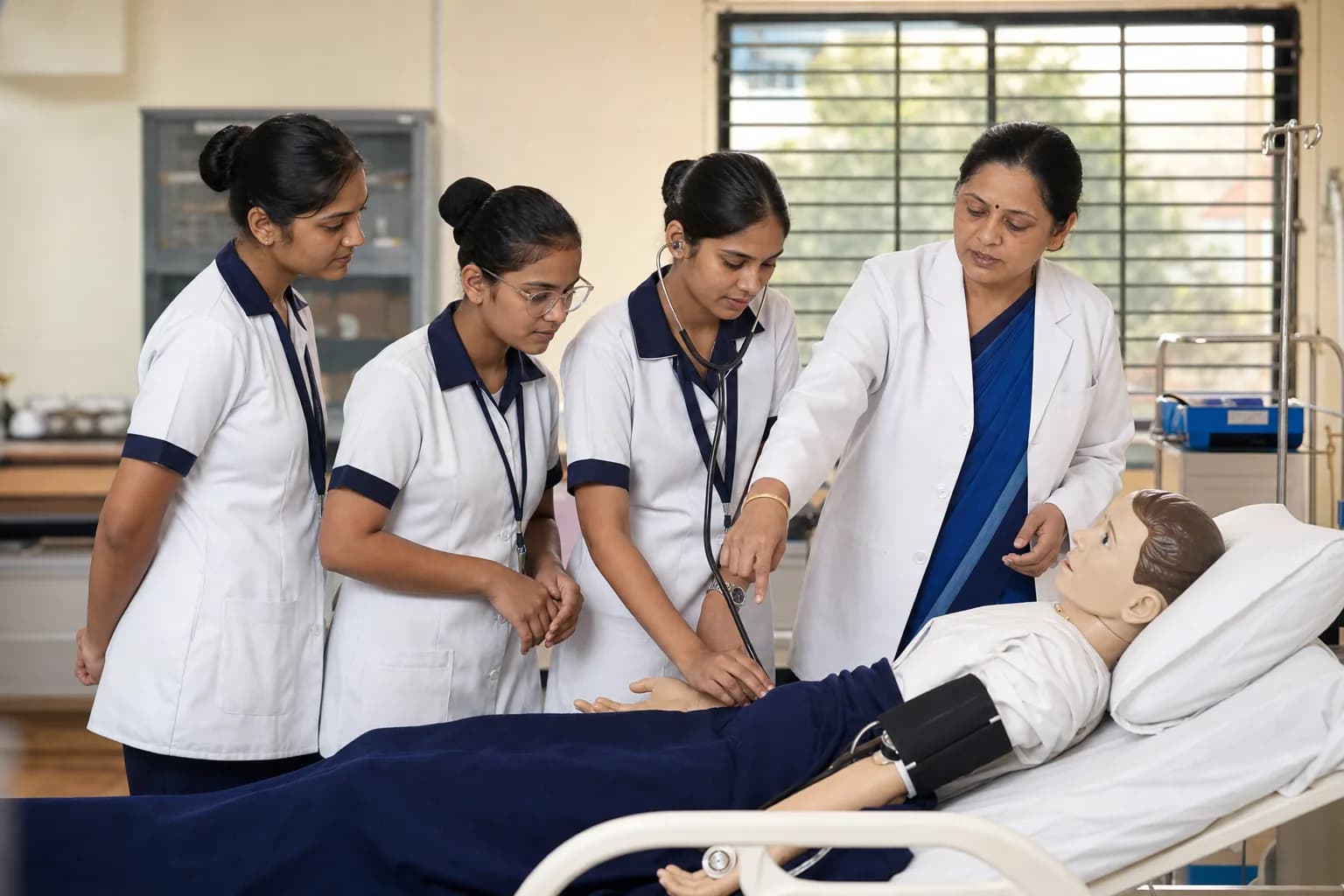 Nursing students practicing clinical assessment with a nurse educator and training mannequin