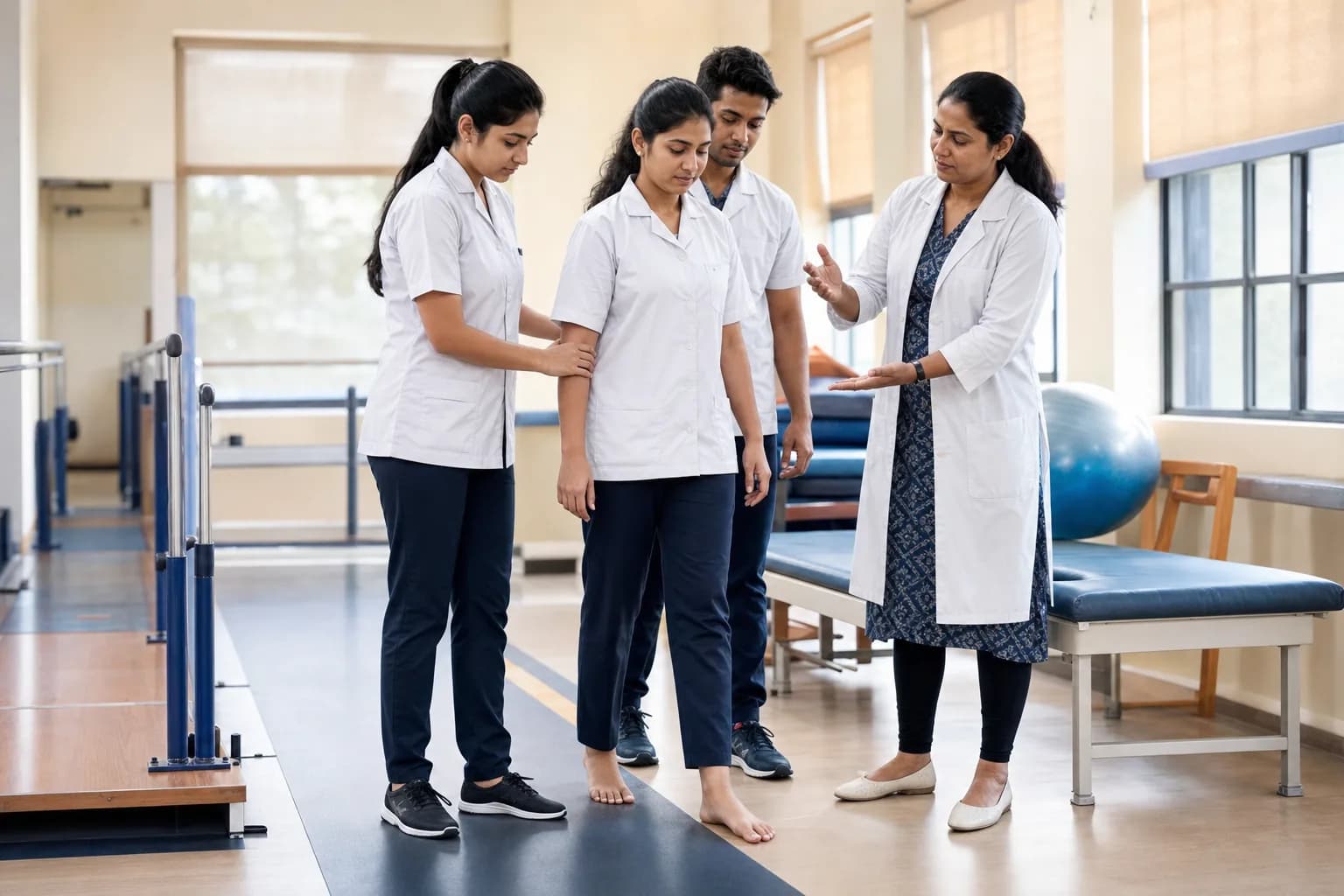Physiotherapy students learning gait assessment with a faculty instructor