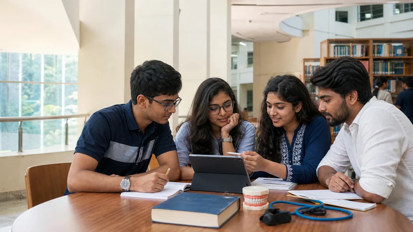 Health-sciences students comparing study pathways together in a university learning space